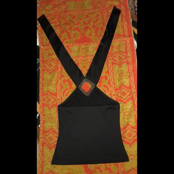 Vintage Y2K Rhinestone Embellished Keyhole Black Halter Tie Neck - Picture 4 of 14